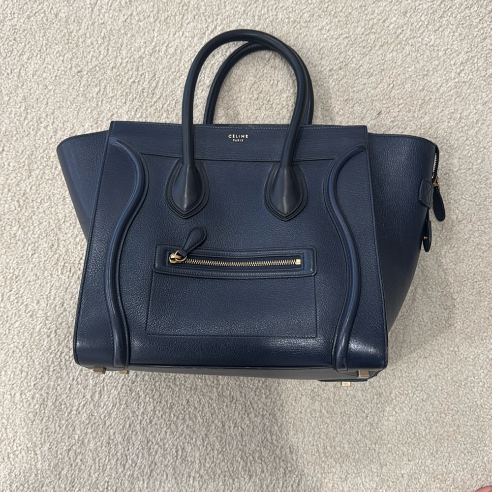 New with tags Celine luggage tote navy with black trim pebbled leather